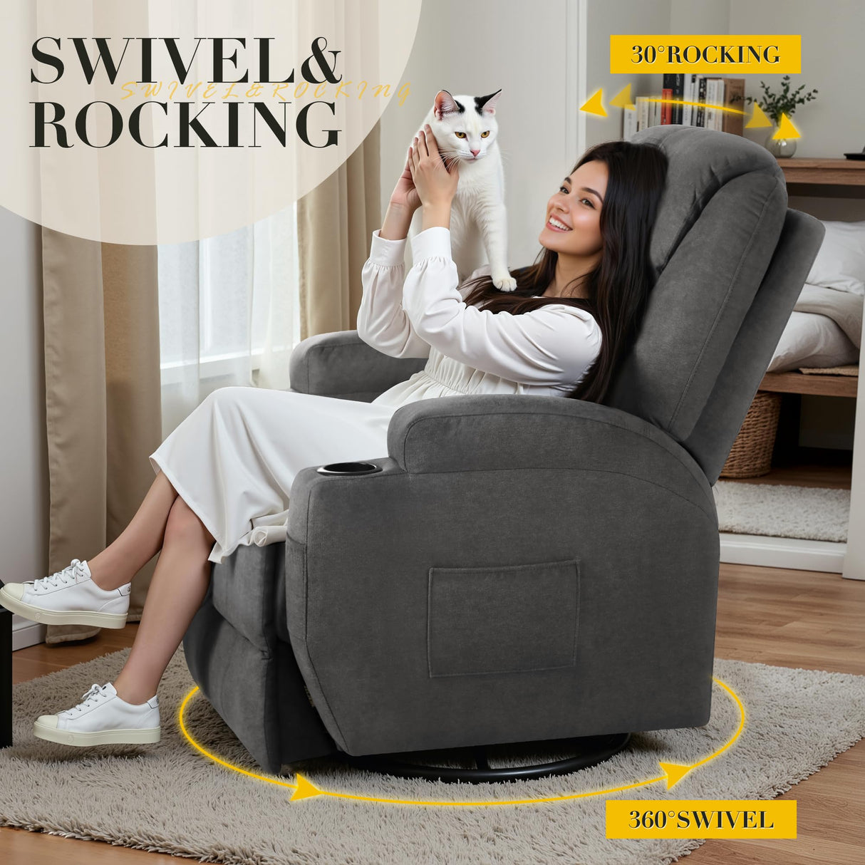 Furmax Rocker Recliner Chair, Recliner for Adults with Massage and Rocking, 360° Swivel Reclining Single Sofa with Side Pockets Cup Holders for Living Room (Fabric, Grey) Furmax