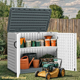 DWVO Outdoor Storage Shed, Weatherproof Resin, 35 Cu Ft Capacity, Horizontal Design, X-Shaped Lockable Door, Suitable for Bike, Garden Tools, Trash Cans, Light Gray DWVO