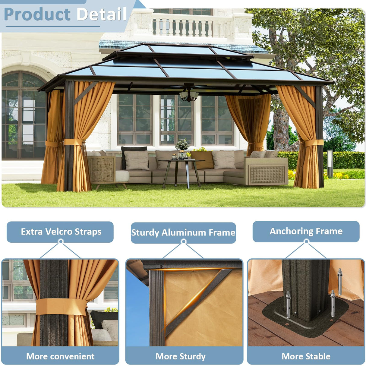 Aoxun 12'x16' Hardtop Gazebo, Aluminum Frame Permanent Pavilion with Curtains and Netting, Outdoor Polycarbonate Double Roof Canopy, Designed for Garden, Lawns, Patio Aoxun