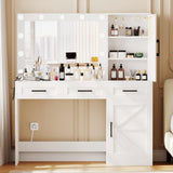 Rovaurx Vanity Table with Mirror & Lights, Farmhouse Makeup Vanity with 10 Necklace Hooks, Vanity Desk with Charging Station, 3 Color Lighting Modes, Door Cabinet, White RSZT112W Rovaurx