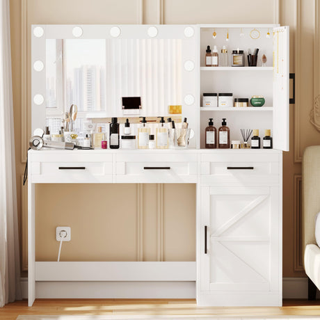 Rovaurx Vanity Table with Mirror & Lights, Farmhouse Makeup Vanity with 10 Necklace Hooks, Vanity Desk with Charging Station, 3 Color Lighting Modes, Door Cabinet, White RSZT112W Rovaurx