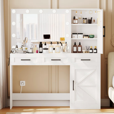 Rovaurx Vanity Table with Mirror & Lights, Farmhouse Makeup Vanity with 10 Necklace Hooks, Vanity Desk with Charging Station, 3 Color Lighting Modes, Door Cabinet, White RSZT112W