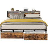 LIKIMIO Vintage Brown King Bed Frame with Storage Headboard and Charging Station LIKIMIO