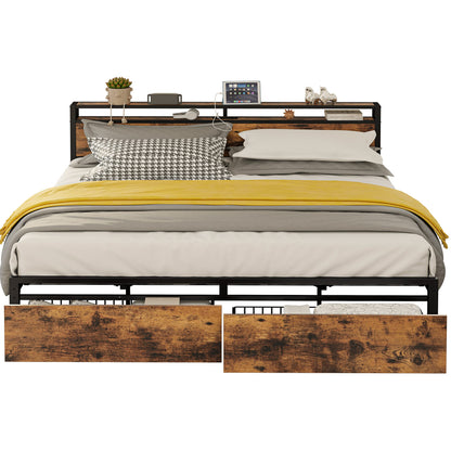 LIKIMIO Vintage Brown King Bed Frame with Storage Headboard and Charging Station - WoodArtSupply