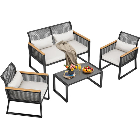 DWVO 4-Piece Patio Furniture Wicker Bistro Set, Outdoor All-Weather Rattan Loveseat Conversation Set with Wooden Armrests, Side Table, and Soft Cushions for Backyard, Balcony, Deck - Black DWVO