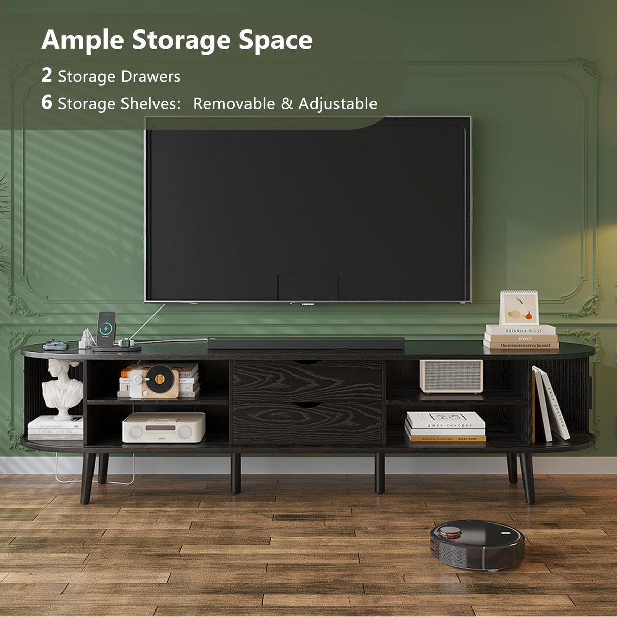 Mid Century Modern TV Stand for 75/65/55 inch TV, Farmhouse TV Stand with Charging Station, Fluted Entertainment Center with Storage and Sliding Doors, TV and Media Consol for Living Room, Black, 69" Syvella