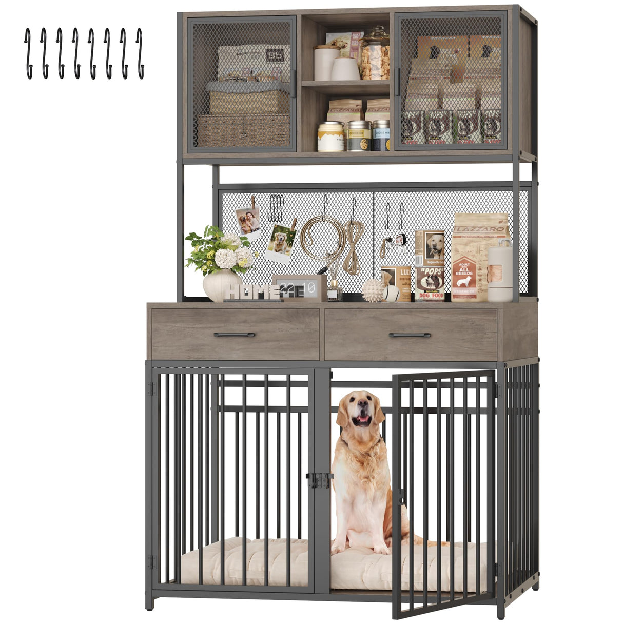 HITHOS 71" Tall Dog Crate Furniture, Indoor Dog Kennel with Hutch, 42" W Dog Cage for Large/Medium Dogs, Wood Dog Crates with 2 Storage Drawers, Heavy Duty Pet House, Ash Grey HITHOS