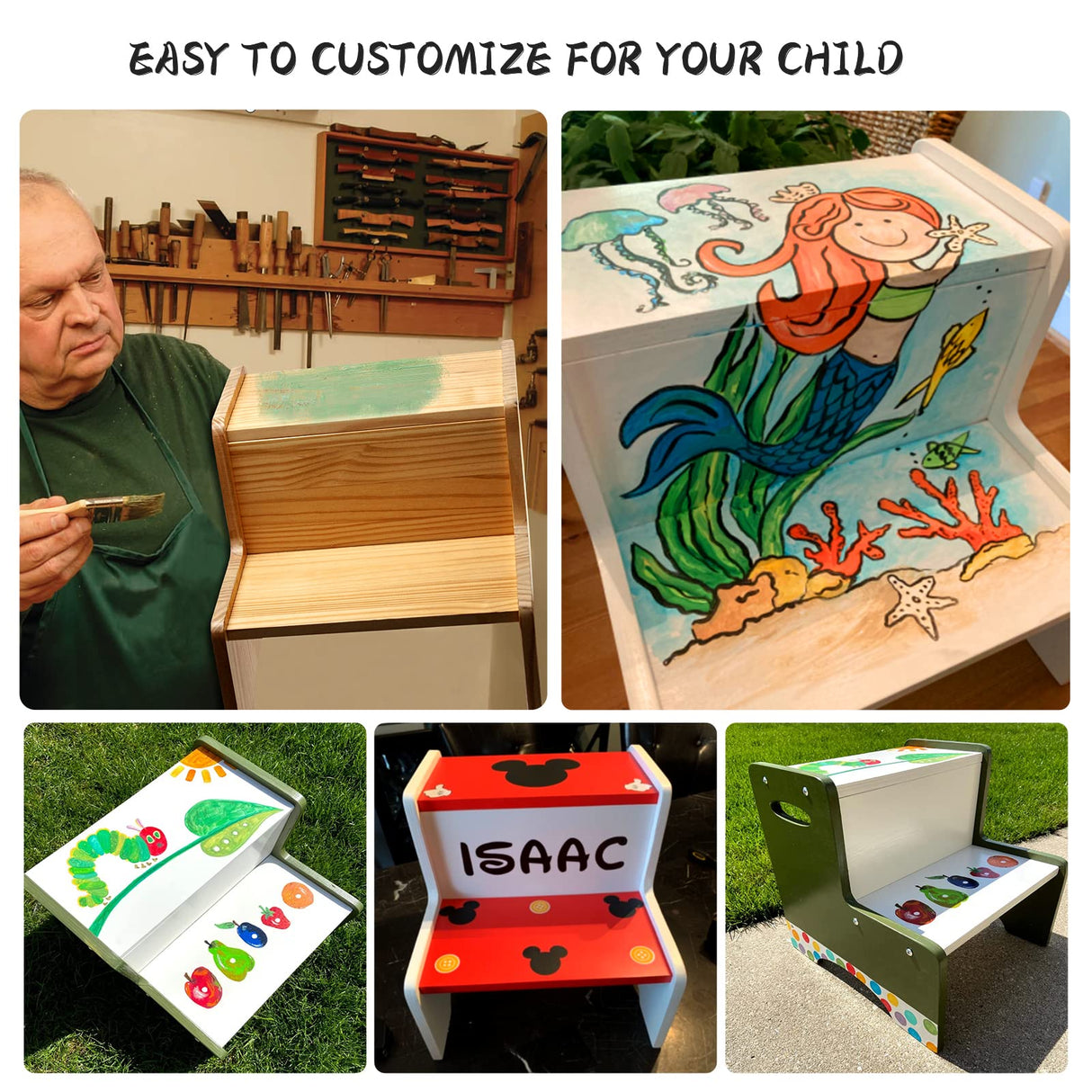 WOOD CITY Wooden Toddler Step Stool for Kids, White Two Step Children's Potty Stool with Handles, Bonus Non-Slip Pads for Safety, Bathroom & Kitchen, Dual Height WOOD CITY