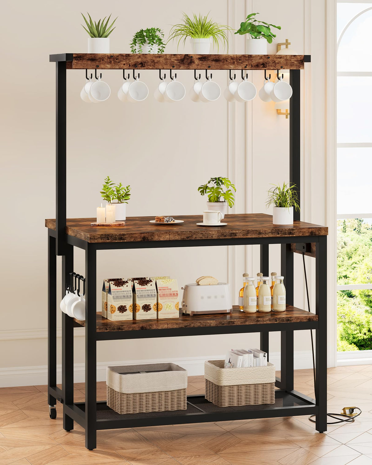 CHOEZON Kitchen Island with Power Outlet, Kitchen Island Table with Folding Top, Stationary Storage Islands, Coffee Bar with Outlets and USB Ports, for Dining Room, Rustic Brown and Black TZD01UBF CHOEZON