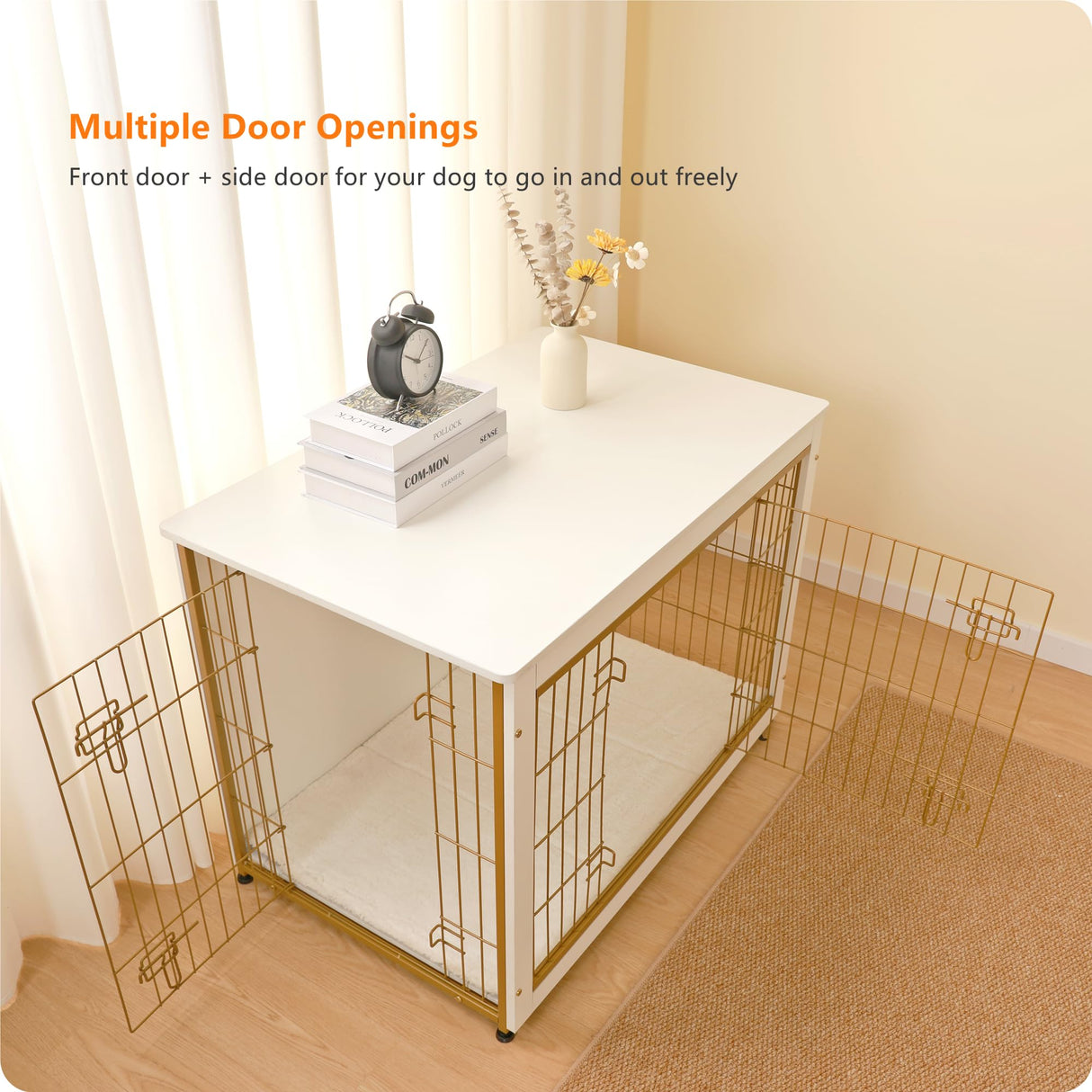 DWANTON Dog Crate Furniture with Cushion, Wooden Kennel Table with Double Doors, Indoor Dog House, Large Size, 38.5" L, White Dwanton