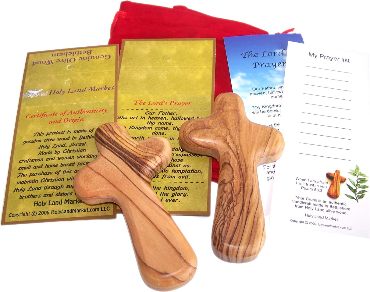 Two Olive Wood Olivewood Comfort Holding Hand Crosses With Gift Bags (With Red or Black Velvet Bag) and a Prayer Card + Certificate. Holy Land Market