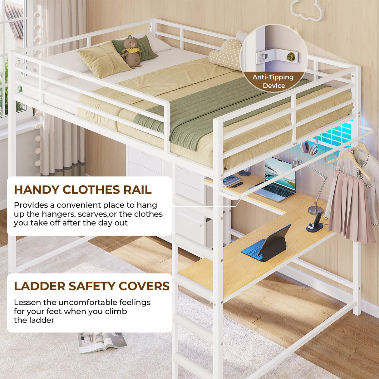 DICTAC Full Loft Bed with L-Shaped Desk and 7 Storage Drawers, Metal Full Size Loft Bed for Teen with LED Lights and Charging Station,13.11" H Safety Guardrail and Ladder,No Box Spring Needed, White DICTAC