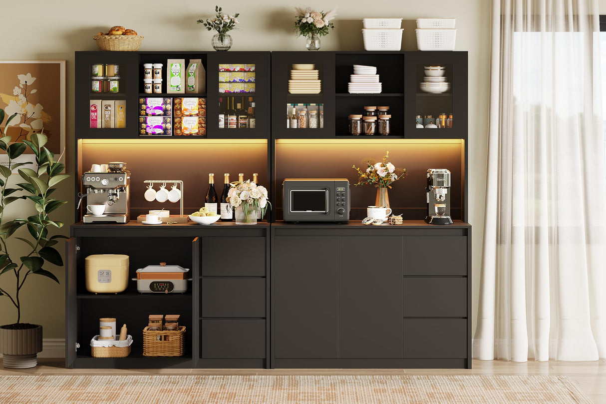 Garvee Kitchen Pantry Cabinet,71" Tall Storage Cabinet with Doors and Shelves Adjustable, Kitchen Storage Hutch with Microwave Shelf, Led Lights and Charging Station,Corner Pantry Cabinet, Black Garvee