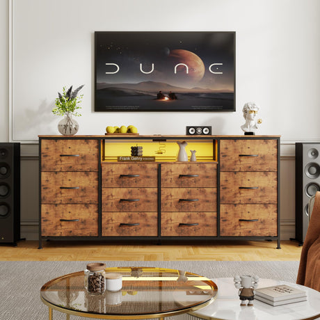 Patikuin 63" Dresser TV Stand for 65 70 75 Inch TV, Fabric Chest of Drawers with Charging Station, LED Lights, Open Shelves & 12 Drawer Dresser, Modern Entertainment Center, Rustic Brown Patikuin