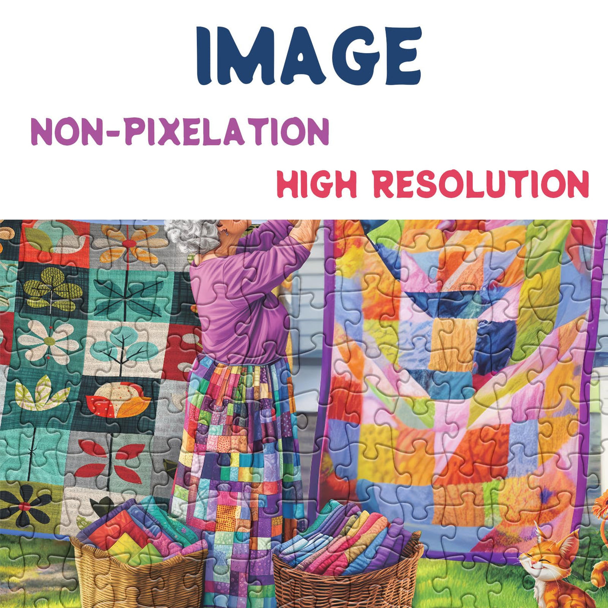 Colorful Quilts Puzzles for Adults 1000 Pieces, Cozy Grandma Garden Jigsaw Puzzles, Pretty Cat Flower Puzzles BBOLDIN