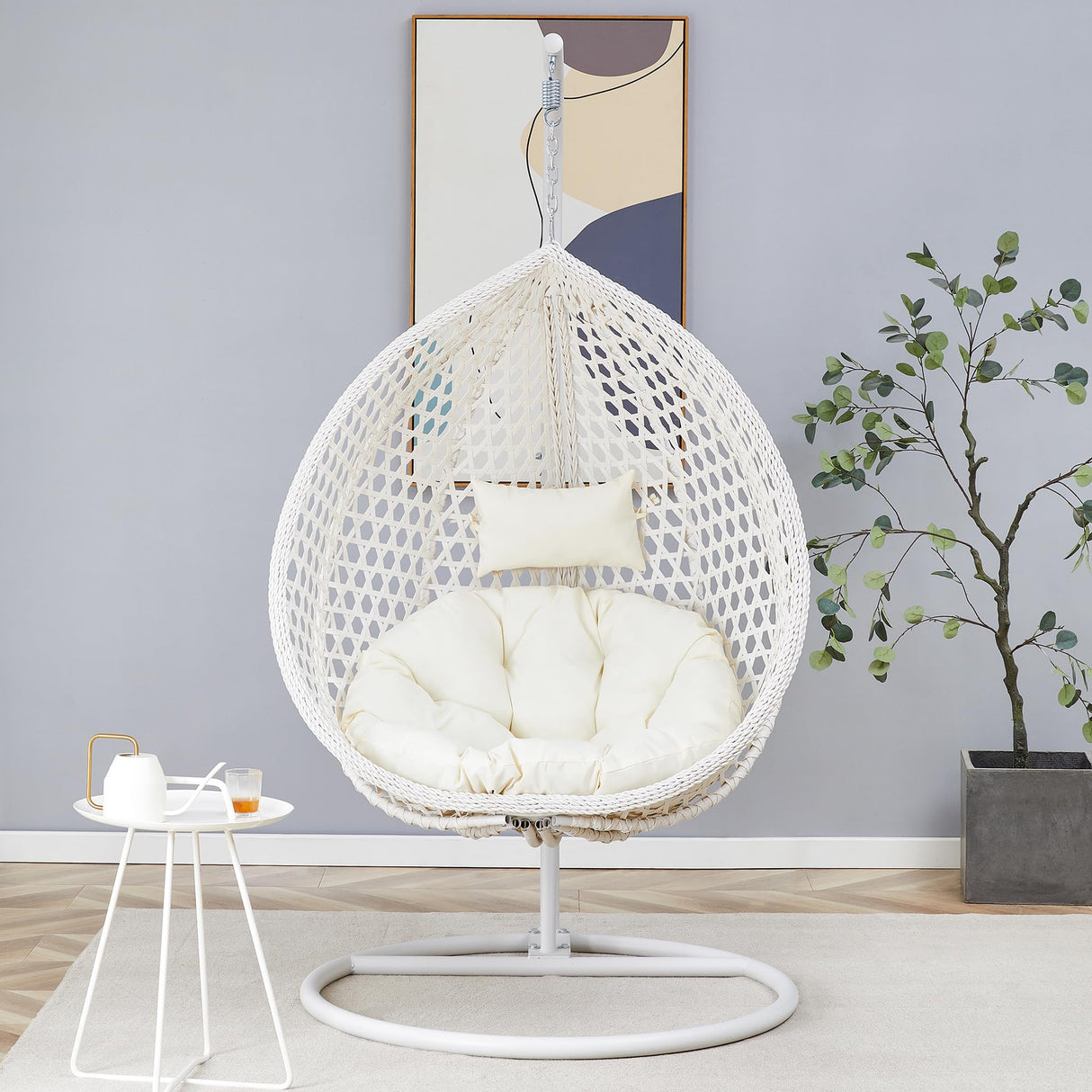 JUFU Egg Swing Chair with Stand, Hanging Egg Chair, White, Modern, Indoor/Outdoor, Relaxing, Lightweight, Space Saving, Foldable JUFU