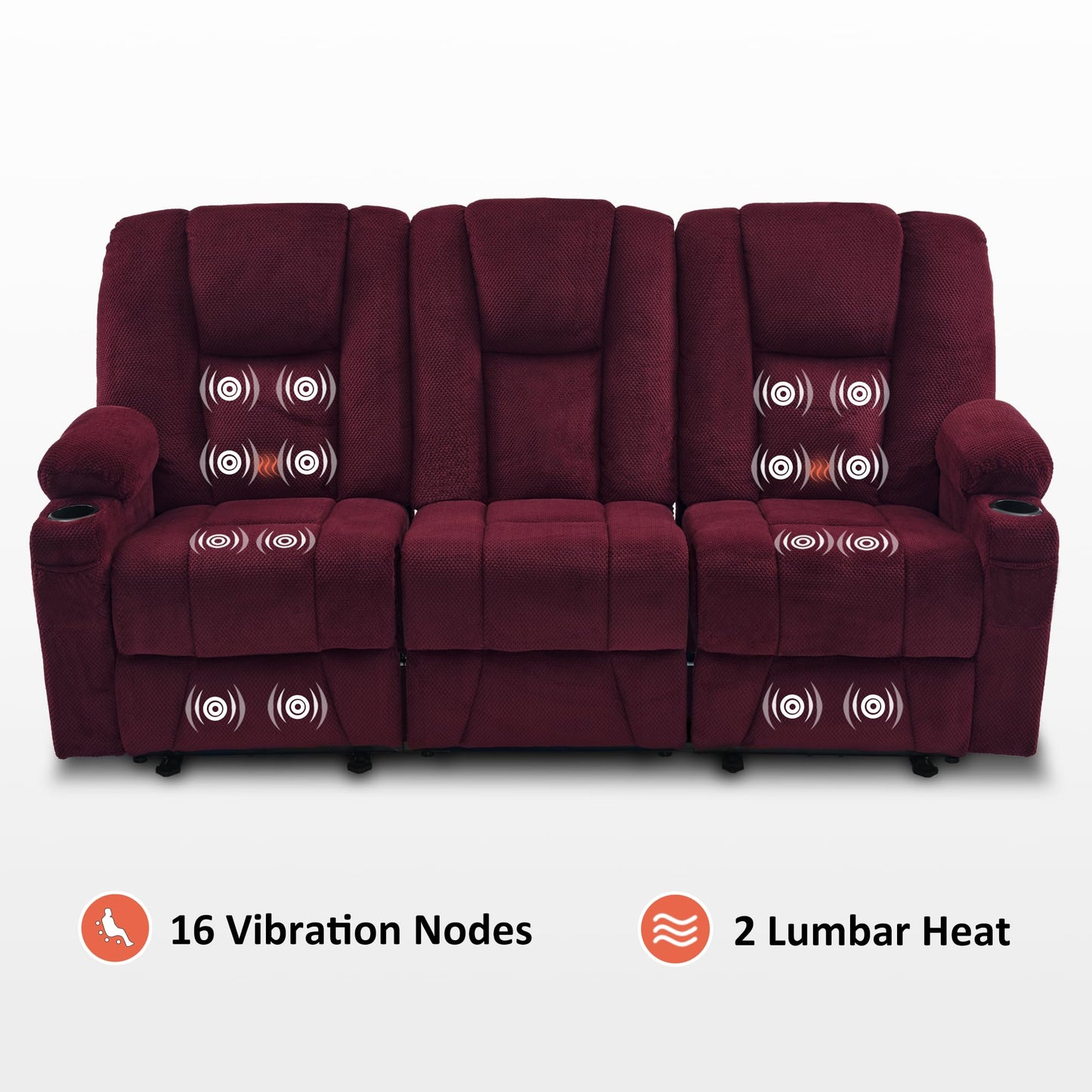 MCombo Power Reclining Sofa with Heat and Vibration,USB Ports, Cup Holders,3-Seat Dual Recliner Sofa for Living Room 6015 (Burgundy)