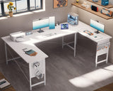 Pamray 71 Inch Large Computer Desk with Power Outlets,U Shaped Corner Desk for Home Office Work and Gaming White Pamray