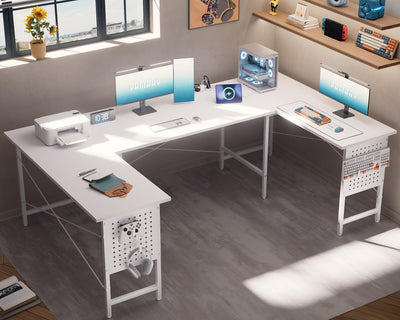Pamray 71 Inch Large Computer Desk with Power Outlets,U Shaped Corner Desk for Home Office Work and Gaming White