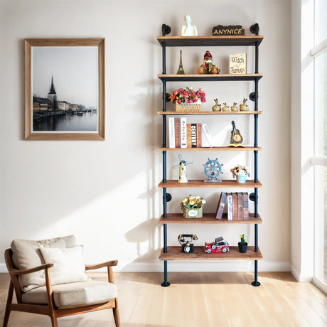 Anynice 7 Tier Industrial Wall Mounted Ladder Shelf Bookcase, Rustic Wood Metal Pipe Industrial Shelves for Living Room Decor and Storage (Weathered Brown, 7 Tier - 10" D x 36" W x 95.5" H) Anynice