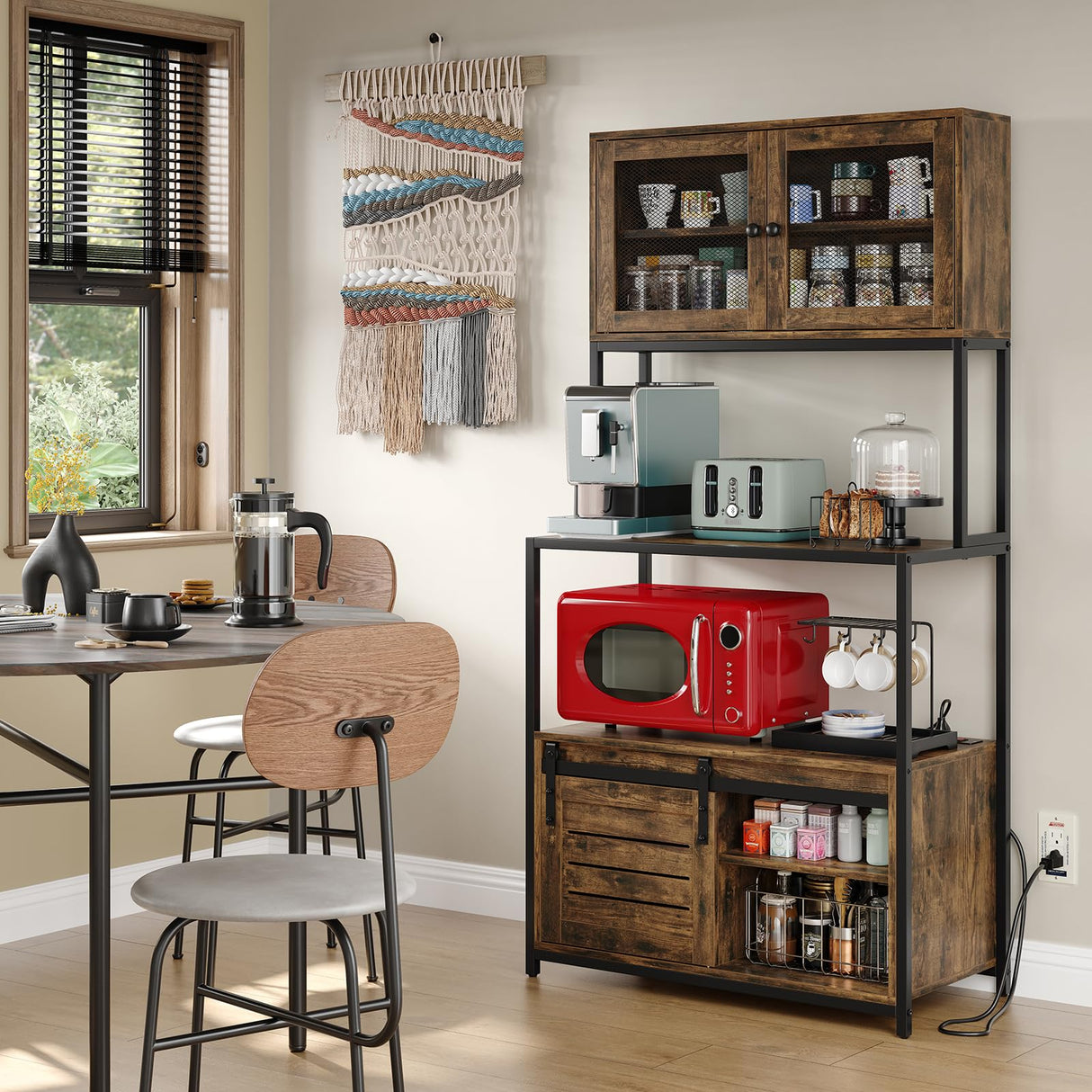 Furniouse 6-Tier Kitchen Bakers Rack with Power Outlet, Industrial Microwave Oven Stand with Shelves, Kitchen Utility Storage Shelf with Cabinet, Standing Storage Rack (Rustic Brown) Furniouse