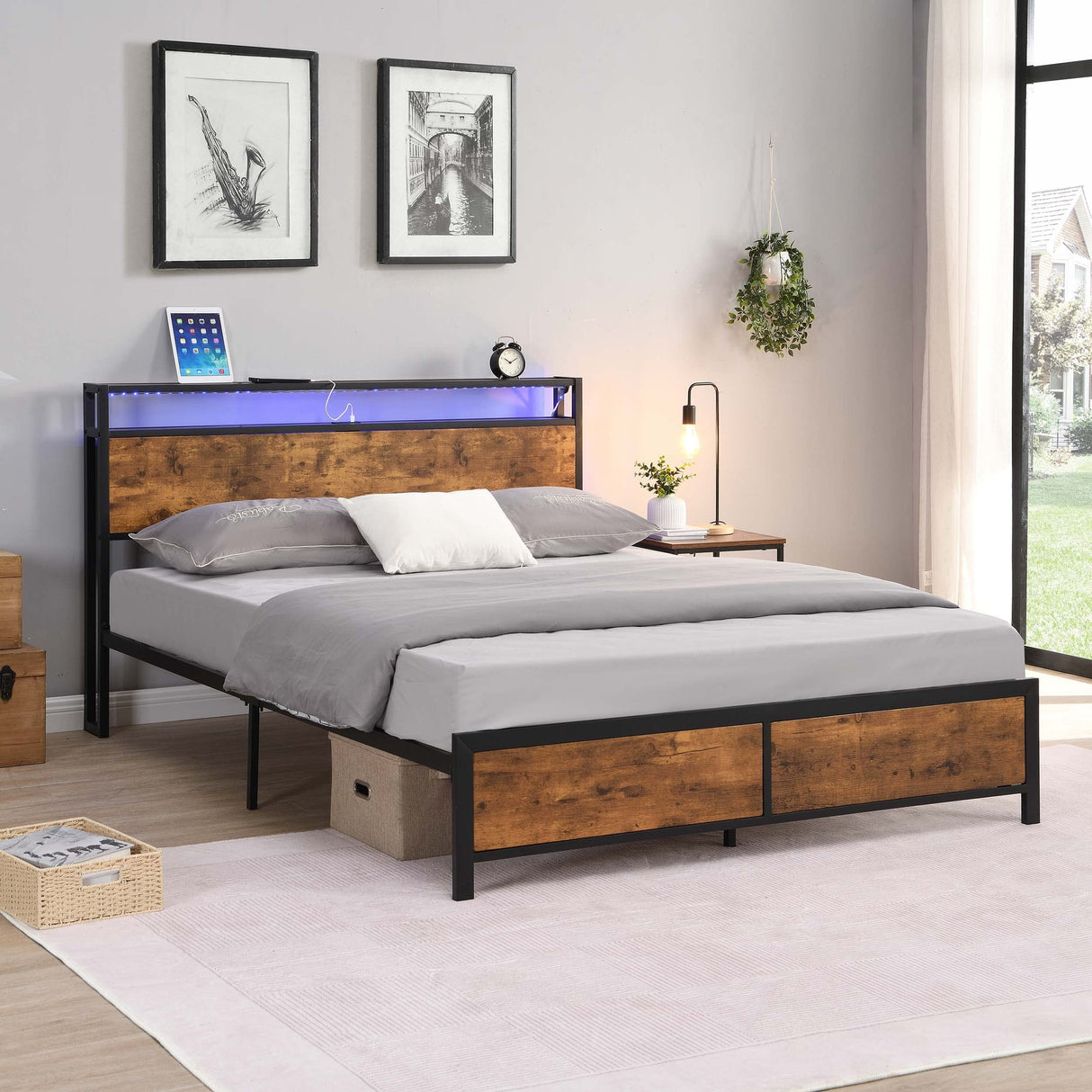 Modern Industrial Full Bed Frame with LED Lights and USB Ports - Stylish Rustic Brown Design with Storage Headboard and Under-Bed Space anwickjeff