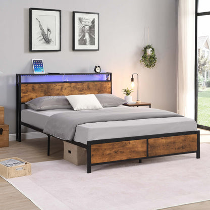 Modern Industrial Full Bed Frame with LED Lights and USB Ports - Stylish Rustic Brown Design with Storage Headboard and Under-Bed Space - WoodArtSupply