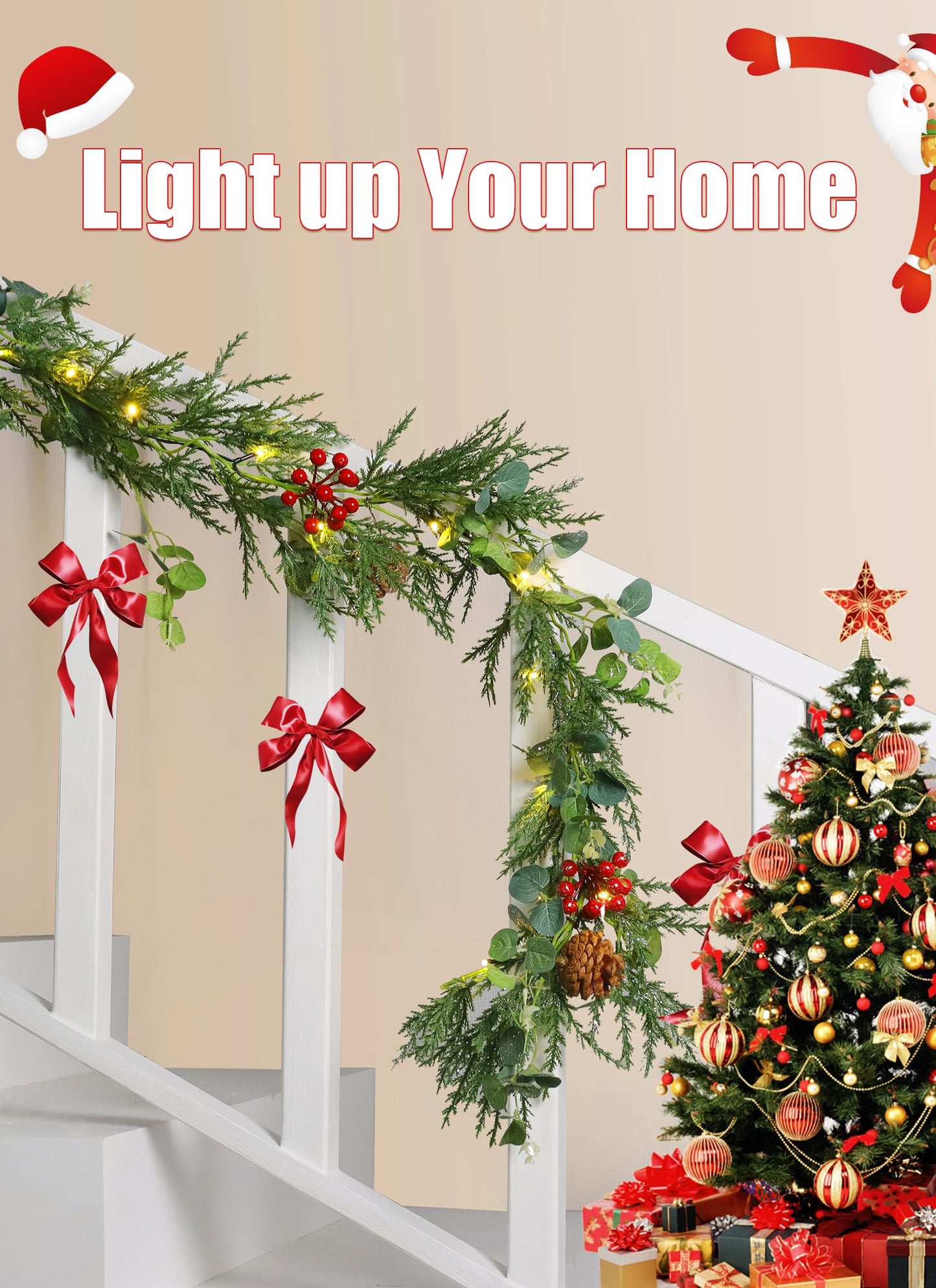 Brightown Pre-lit Christmas Garland with Lights, 6 Feet 20 LED Battery Operated Christmas Lights with Pine Cones, Berry, Eucalyptus Leaves, Indoor Christmas Decorations for Stairs, Fireplace, Door