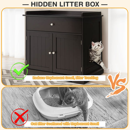 Tangkula Litter Box Enclosure, Cat Litter Box Furniture Hidden with Large Drawer, 2 Doors, Indoor Cat Washroom Storage Bench Side Table Cat House, Large Wooden Enclosed Litter Box Cabinet (Br - WoodArtSupply