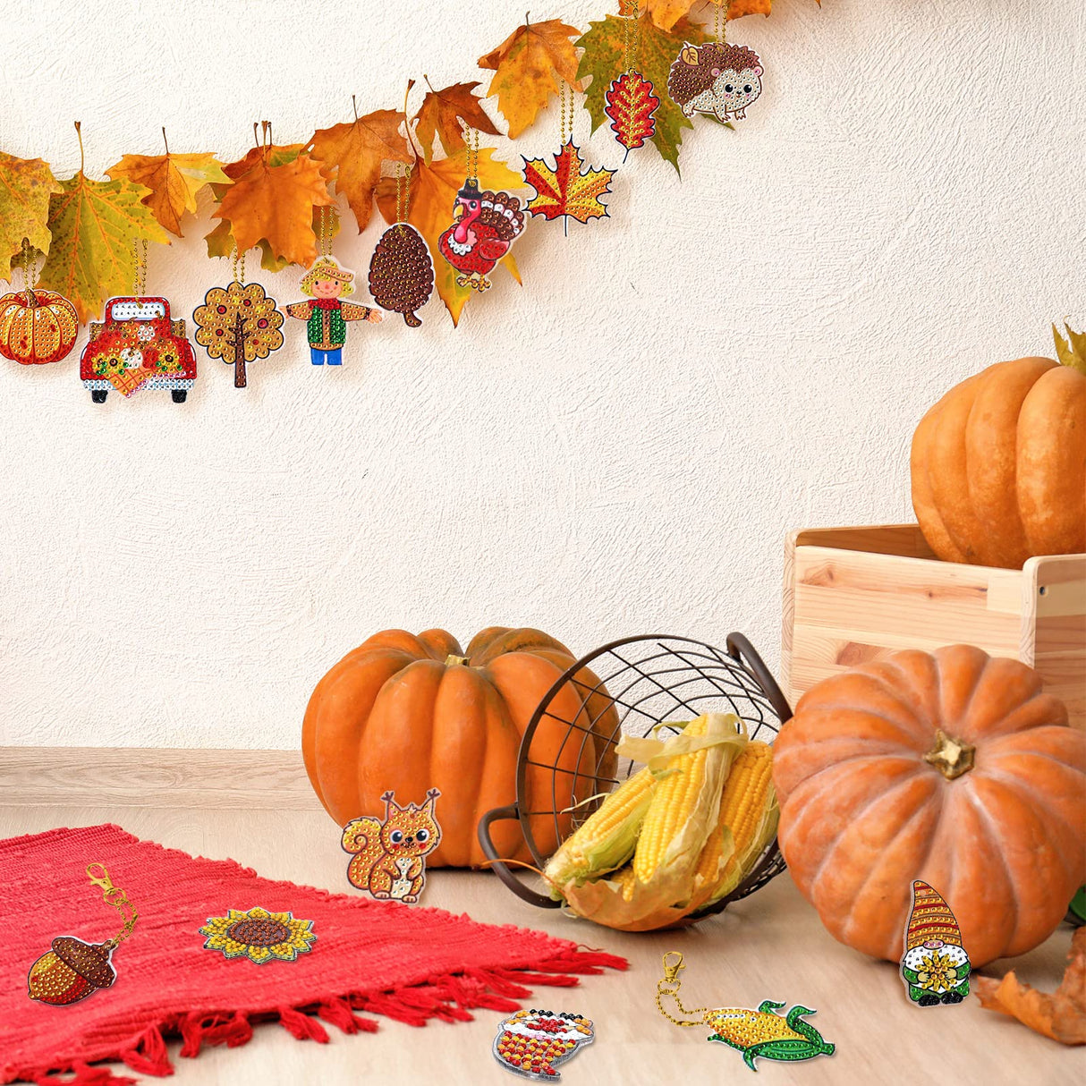 Whaline 15Pcs Fall Diamond Drawing Keychain Kit Autumn Gnome Animal Plants Fall 5D DIY Diamond Art Ornaments Rhinestone Mosaic Making Full Drill Diamond Key Chain for Kids Crafts Gifts Party Supplies Whaline