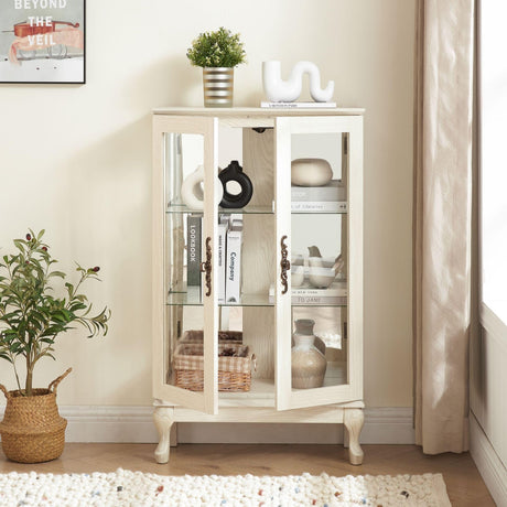 CKEASEAN Lighted Curio Cabinet, 44" H Glass Display Cabinet with 3-Tier Adjustable Glass Shelves, China Cabinet with Mirrored Back Panel for Living Room, Light Blub Included(White) CKEASEAN