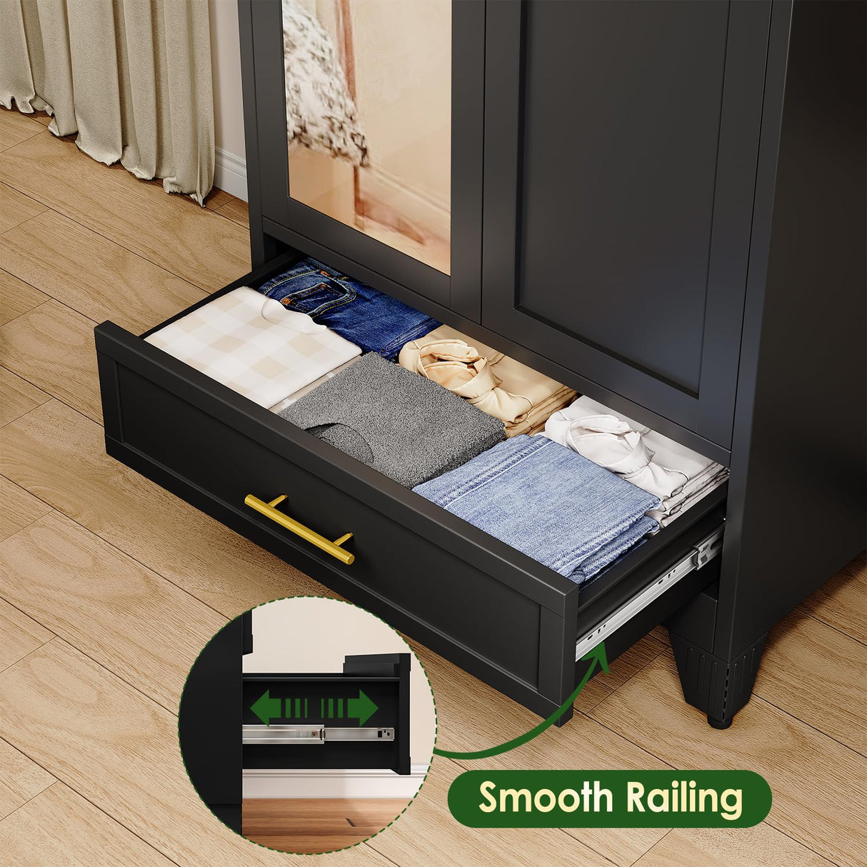 winiowa Metal Armoire Wardrobe Closet with Drawer, 71" Wardrobe Cabinet with Adjustable Shelves and Hanging Rod, Clothing Storage Cabinet Closet with Mirror for Bedroom-Black winiowa