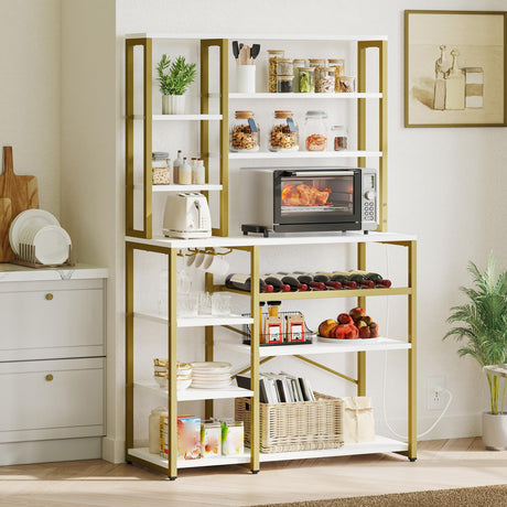 YITAHOME Kitchen Microwave Stand Bakers Rack Coffee Bar with Power Outlet, 39 Inch Large Freestanding Tall Dining Room Storage Shelves for Wine Liquor with Cup Holder, White Gold YITAHOME