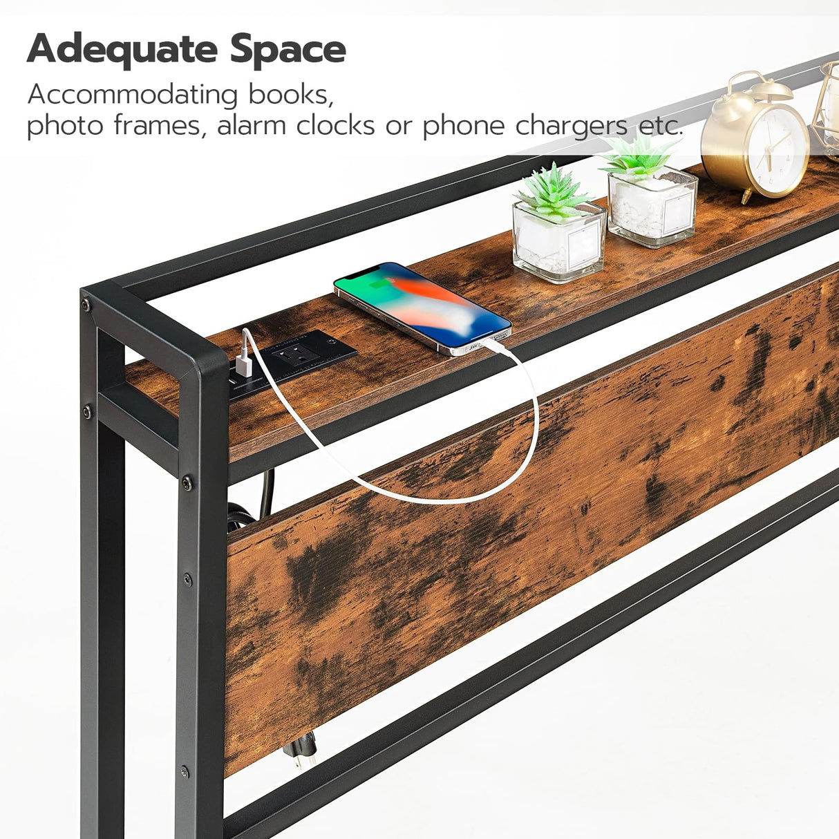 HOOBRO Headboard Queen Size, Headboard with 2 Outlets and 4 USB Ports, Adjustable Height, Storage Rack, Sturdy and Stable, Easy Assembly, Rustic Brown and Black HOOBRO