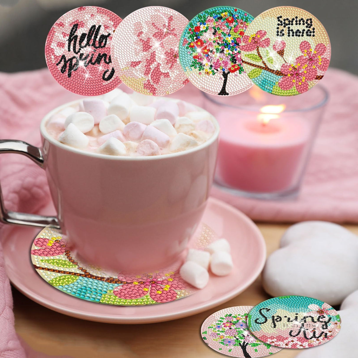 Denylo pro 8 Pcs Spring Tree Diamond Art Coasters Kits with Holder DIY Spring Tree Diamond Art Coaster for Gifts Beginner Adults Kids Art Table Home Craft Gift Supplies Denylo pro