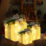 Hourleey Set of 3 Christmas Lighted Gift Boxes, Pre-lit 60 LED Light Up Present Boxes Ornament Outdoor Warm White Tinsel Boxes Decoration for Indoor Christmas Home Yard Lawn Decor Hourleey