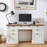OKD 60" Executive Desk with Drawers, Farmhouse Home Office Desk with Charging Station, Keyboard Tray, File Cabinet Storage, Wood Computer Desk for Work and Study, Antique White OKD