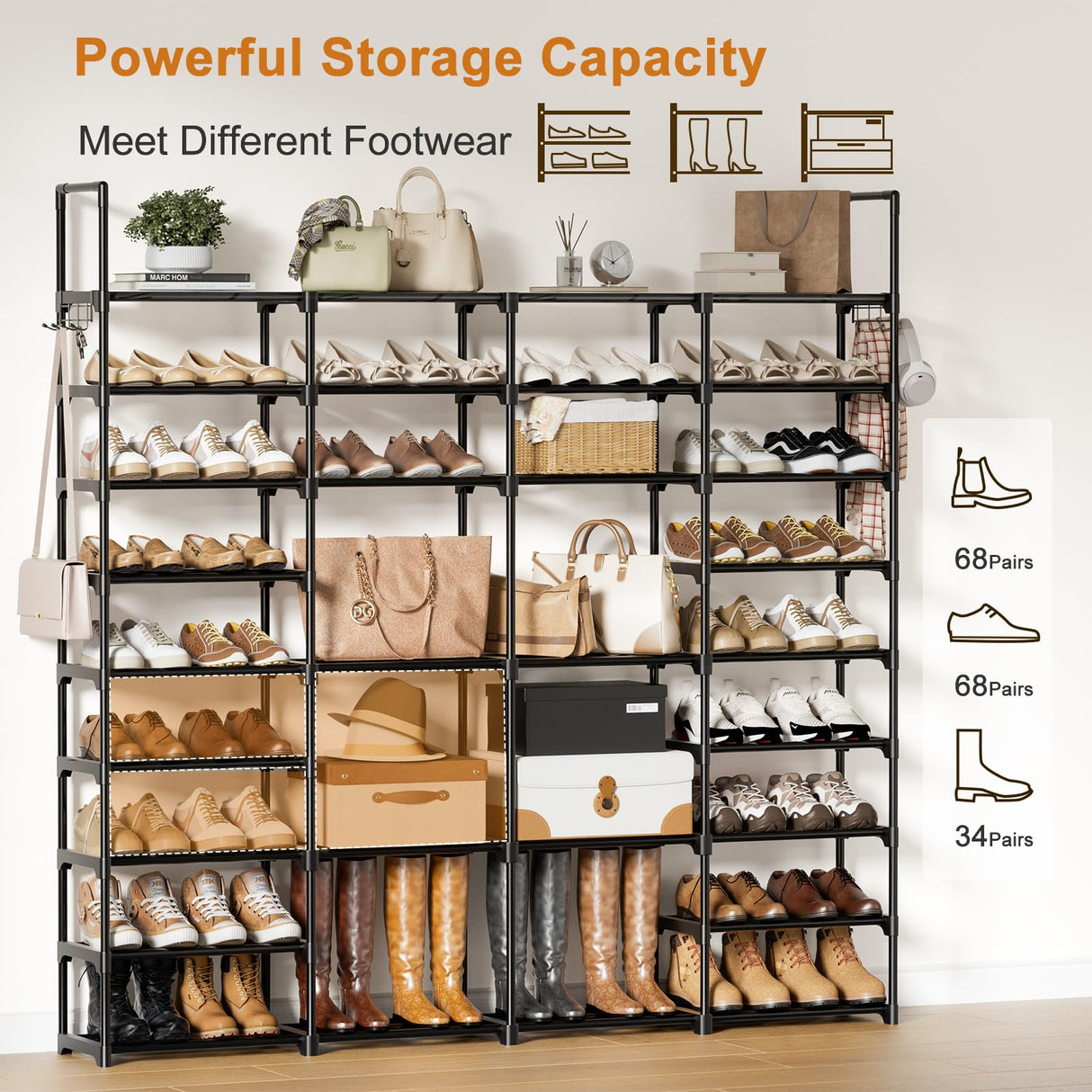 WOWLIVE 4 Row 9 Tiers Extra Large Shoe Rack 72-80 Pairs Big Tall Metal Shoe Shelf, Heavy Duty Organizer for Closet Entryway, Boot Rack Storage Stackable Stand for Garage Black WOWLIVE