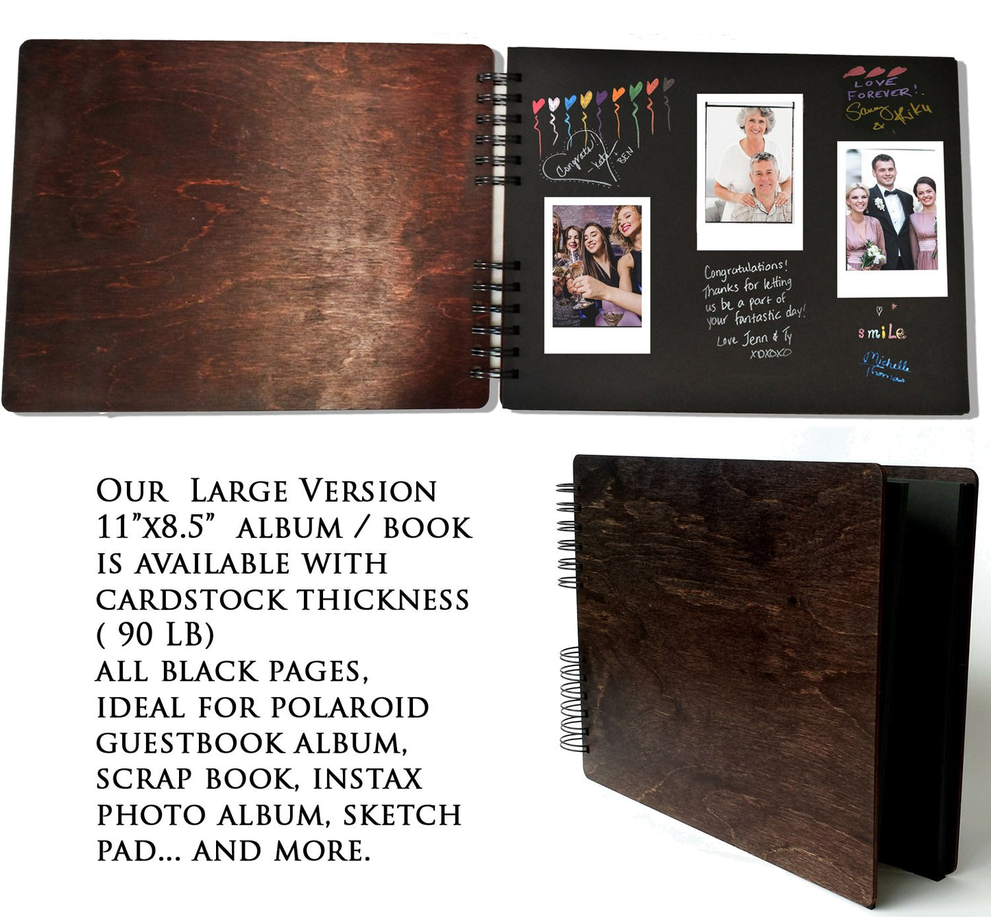 Personalize It Wooden Rustic Book 11" x 8.5" : Made in USA (All Black Cardstock Inside Pages, Front Cover Burnt Cocoa Wood) DIY Scrapbook Album Guestbook Photo Guest Book Sketch Pad - WoodArtSupply