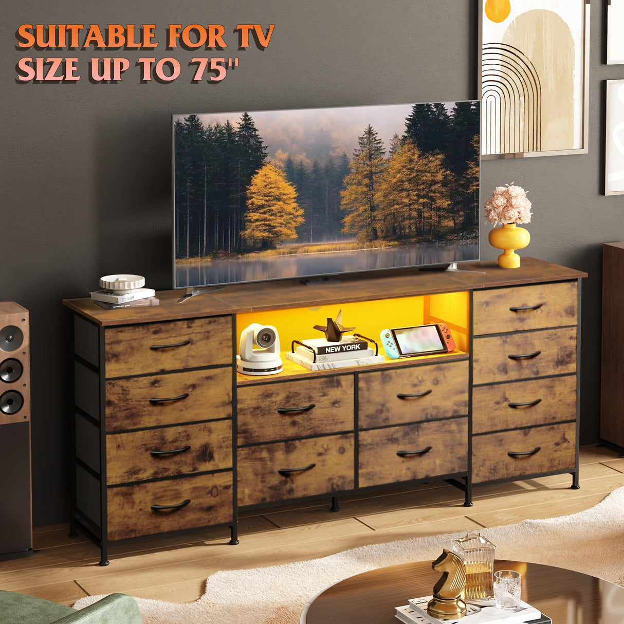 WLIVE 12 Drawer Dresser for Bedroom, Dresser TV Stand for 65, 70, 75 inch TV with Led Lights & Charging Station, Wide Chest of Drawers with Open Shelves, Fabric Dressers for Living Room, Rustic Brown WLIVE