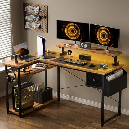 DOMICON 47 inch L Shaped Desk, Computer Desk, Adjustable Stand Office Desk, Power Outlets & Storage Drawer, Reversible Computer Desk with Shelves & Headset Hooks