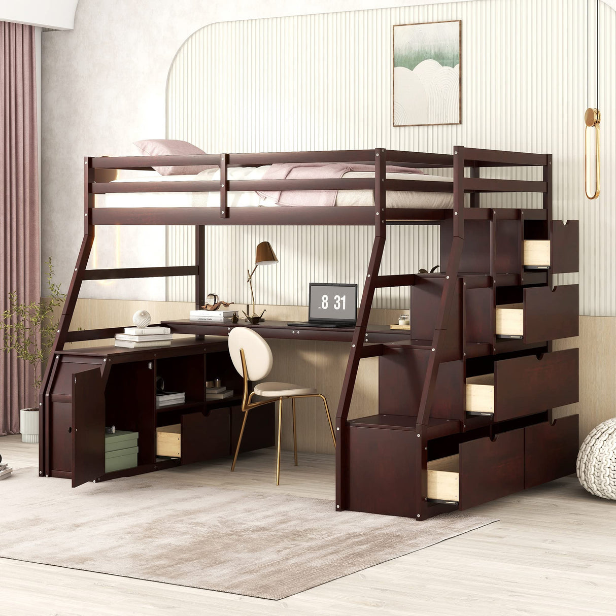 Twin Loft Bed with Stairs and Desk by Harper & Bright Designs - Solid Wood Frame with 7 Drawers & 2 Shelves in Espresso Harper & Bright Designs