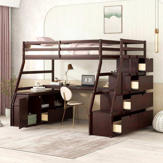 Twin Loft Bed with Stairs and Desk by Harper & Bright Designs - Solid Wood Frame with 7 Drawers & 2 Shelves in Espresso - WoodArtSupply