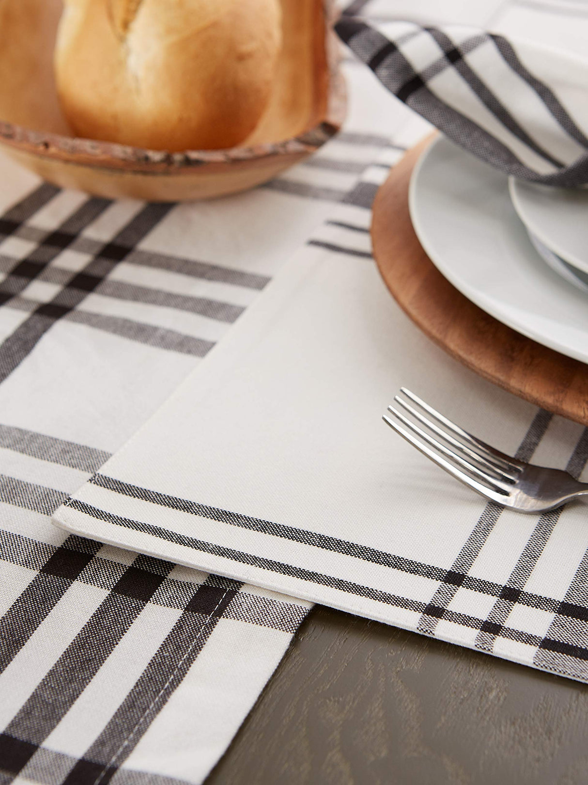 DII Home Sweet Farmhouse Plaid Tabletop Collection, Placemat Set, 13x19, French Stripe Black, 6 Piece DII