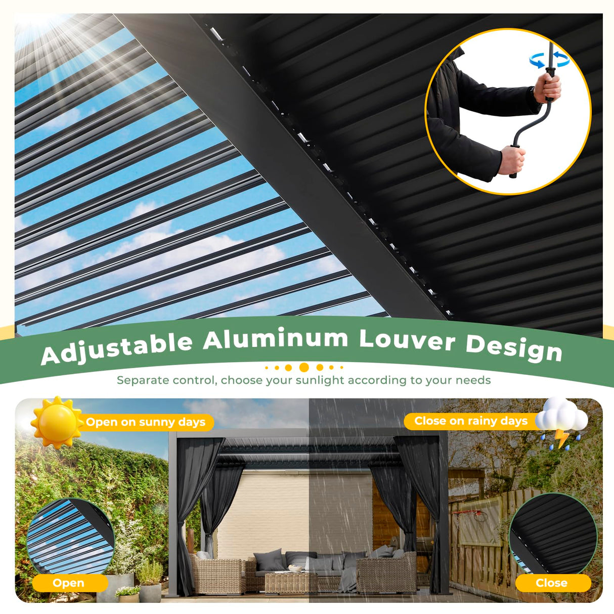 LVUYOYO 10' x 13' Outdoor Louvered Pergola, Metal Aluminum Pergola with Adjustable Roof, Waterproof Gazebo with Curtains and Netting for Patio, Backyard, Garden, Deck (Black) LVUYOYO