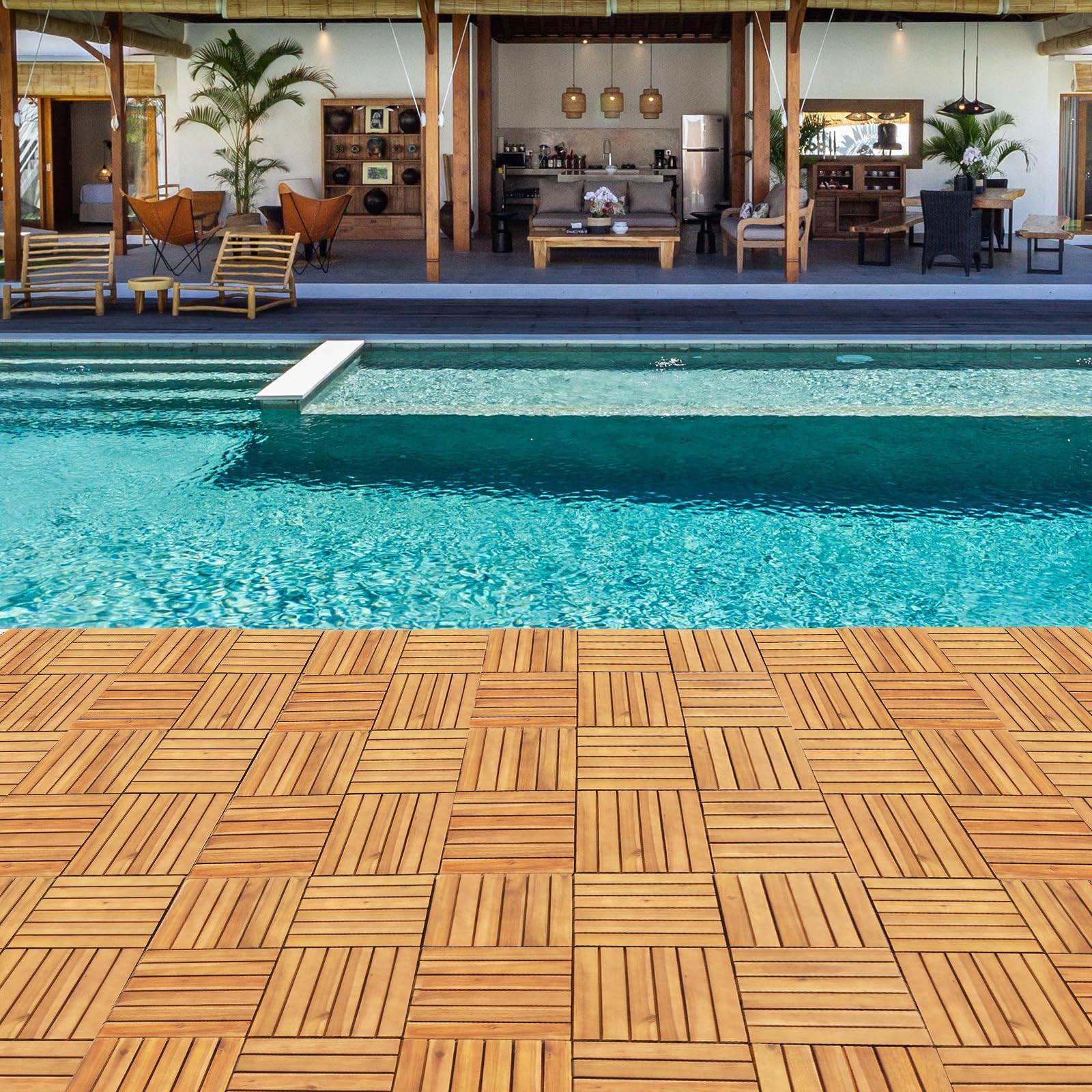 Interlocking Deck Tiles 10PCS Waterproof Soild Wood Patio Tiles Flooring Tiles for Indoor and Outdoor Balcony Porch Backyard Garden Poolside All Weather Use 12 x 12 Inches (Soild Wood 6 Slats - WoodArtSupply