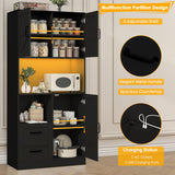 Frmobepts Kitchen Pantry Storage Cabinet with LED Lights and Power Strip, Tall Farmhouse Kitchen Pantry with Barn Doors and Drawers, Adjustable Shelves for Dining Living Room (Black) Frmobepts