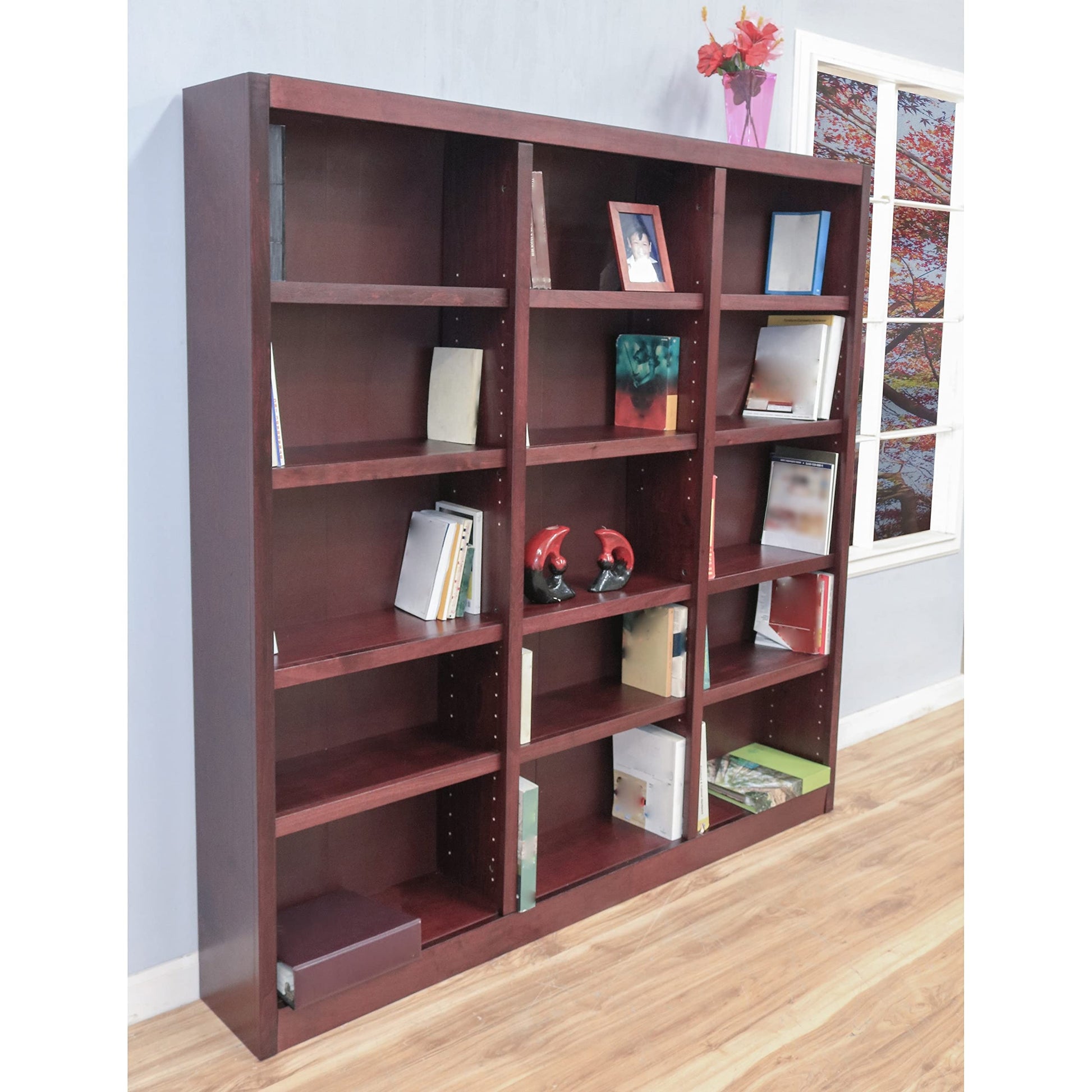 Traditional 72-Inch Triple Wide Wood Bookcase with 15 Adjustable Shelves in Cherry Finish - WoodArtSupply