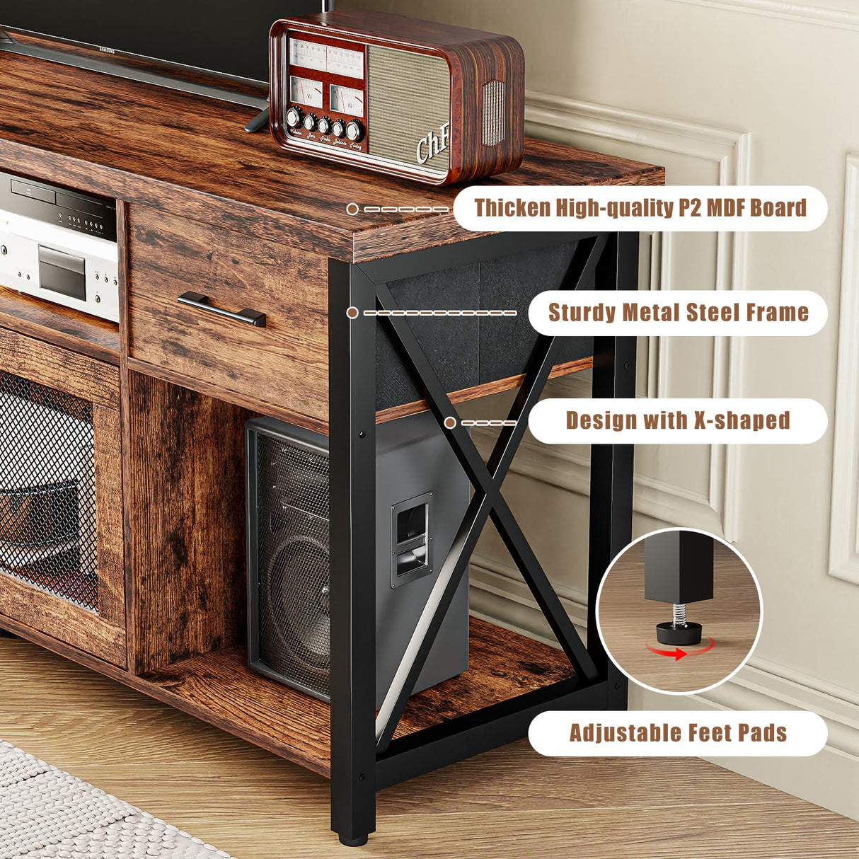 ALLSTAND TV Stand for 55 60 65 Inch TV, Entertainment Center with Fabric Drawers & Storage Cabinets, Industrial Media Console Table with Soundbar Shelf for Living Room, Bedroom, 55 Inches Rustic Brown ALLSTAND