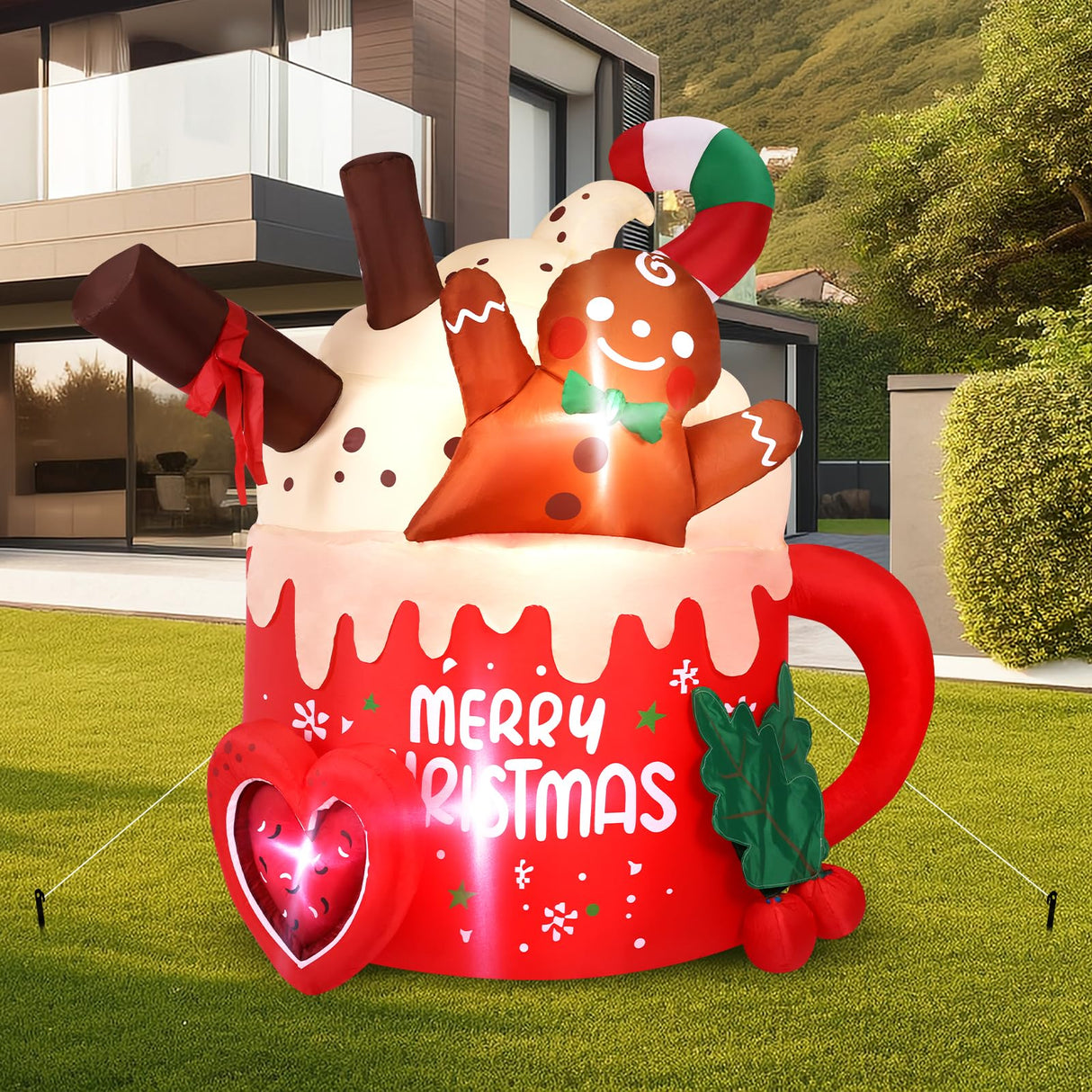 6.5 FT Christmas Inflatables Outdoor Decorations, Gingerbread Christmas Inflatable Hot Cocoa Mug with Built-in LEDs Blow Up Christmas Decoration for Garden Lawn Yard Patio Xmas Inflatable MGparty